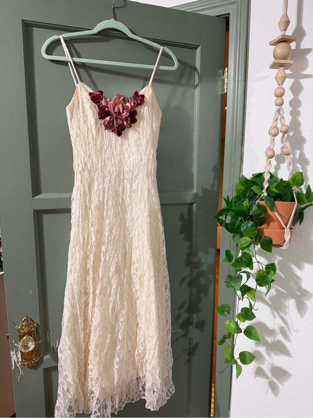 VINTAGE Ivory Lace Spaghetti Strap Dress with Burgundy Floral Accent